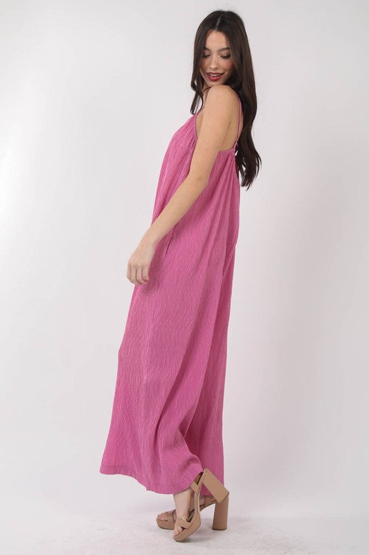 Sleeveless Pleated Wide Leg Jumpsuit w/ Pockets