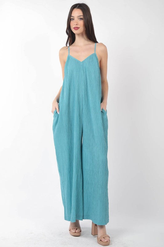 Sleeveless Pleated Wide Leg Jumpsuit w/ Pockets.