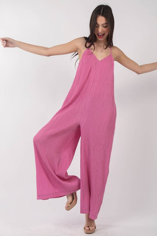 Sleeveless Pleated Wide Leg Jumpsuit w/ Pockets